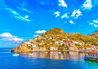 sailing boats out of the port of Hydra island in Greece. HDR