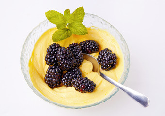 blackberries, ricotta, saffron.  breakfast. on white