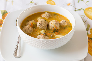 Soup with turkey meatballs, potatoes and vegetables.