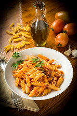 Penne with pork meat and tomato sauce, Italian cuisine