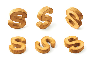 Set of six block wooden letters isolated