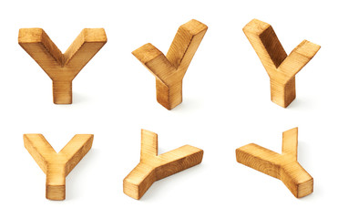 Set of six block wooden letters isolated