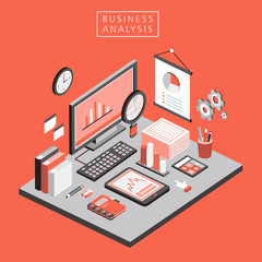 flat 3d isometric business analysis illustration