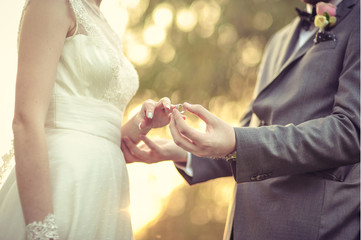 Groom putting wedding ring on bride's finger