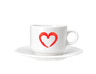 White cup with red heart isolated on white