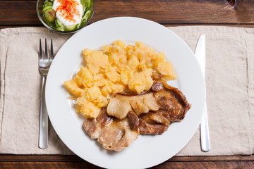 Pork with mashed potatoes, top view