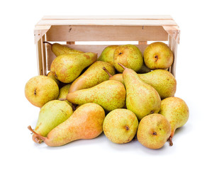 Spilled pears from wooden crate