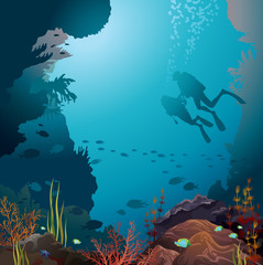 Obraz na płótnie Canvas Scuba vivers and coral reef. Underwater vector.
