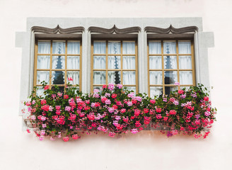 Three windows in old house with pink flowers