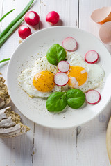 Fried eggs shape hearts Valentines dish