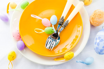 Closeup Easter place setting eggs