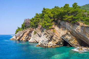 Coastal cliff of tilted strata, topped with a conifer forest, Petrovac, Montenegro