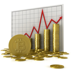 Stacks of coins with bitcoin symbol against a currency chart