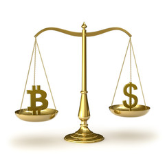 Classic scales of justice with bitcoin and dollar symbols