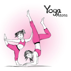 girl and woman doing yoga poses,  vector illustration