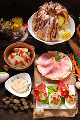 easter traditional dishes on rural wooden table