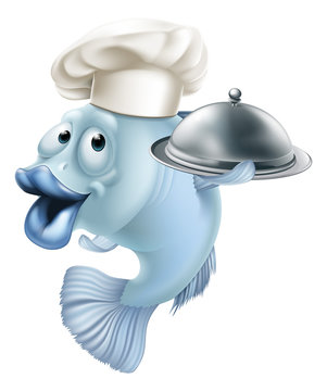 Cartoon chef fish and cloche