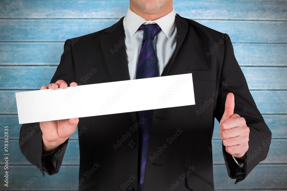Poster composite image of businessman showing card