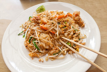Pad Thai with shrimps, traditional Thai main dish.