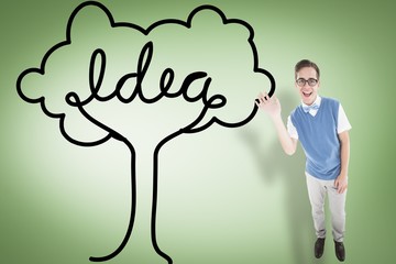 Composite image of geeky young hipster waving at camera