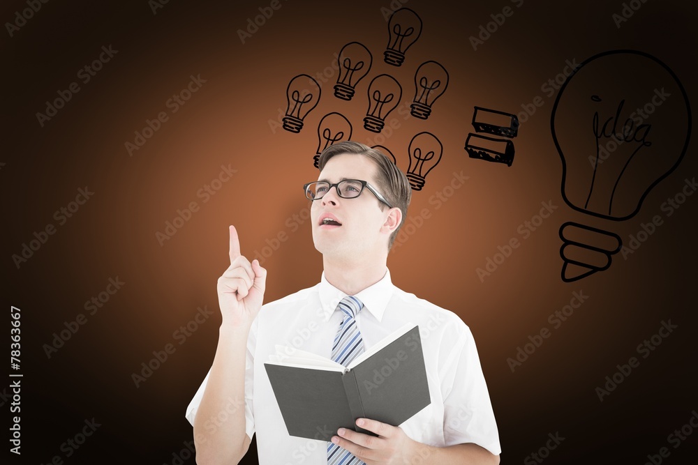 Poster Composite image of geeky businessman reading from book