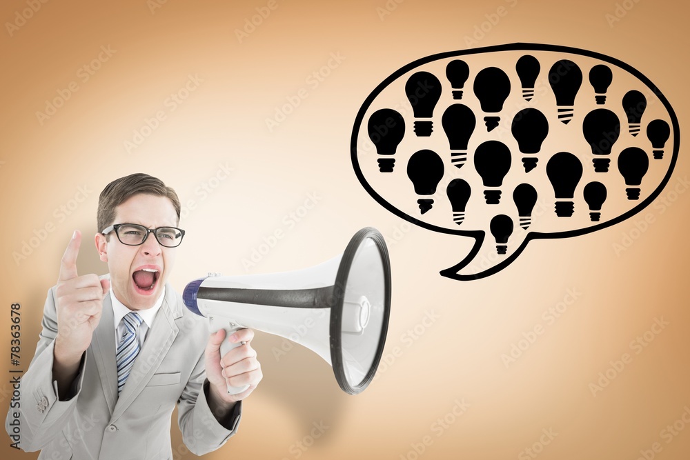 Poster Composite image of geeky businessman shouting through megaphone