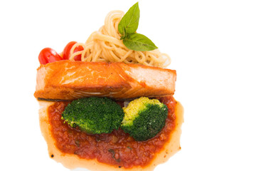 Stake from a salmon with vegetables