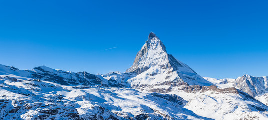 Panorama view of Matterhorn on a clear sunny day
