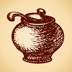 Clay pot with spoon. Vector sketch