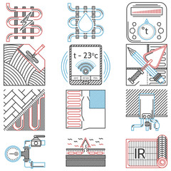 Flat line colored vector icons for heated floor