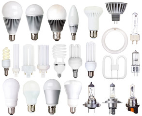 set of bulbs isolated on white background, halogen, LED light