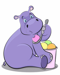 Funny hippo eating ice cream