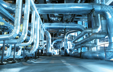 Industrial zone, Steel pipelines in blue tones