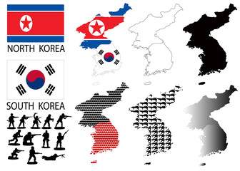 North and South Korea Vector maps and flags with war theme