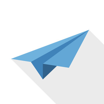 Paper airplane icon with long shadow on white background