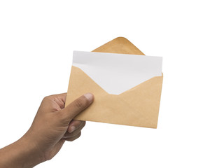 Male hand holding blank envelope with blank paper