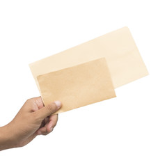 Male hand holding blank envelopes isolated on white background