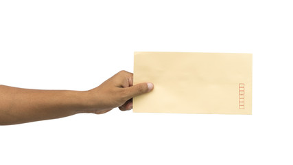 Male hand holding blank envelope isolated on white background