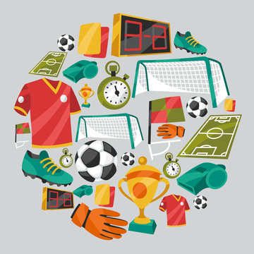 Sports background with soccer football symbols.