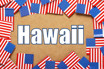 The title Hawaii with a border of USA Flags