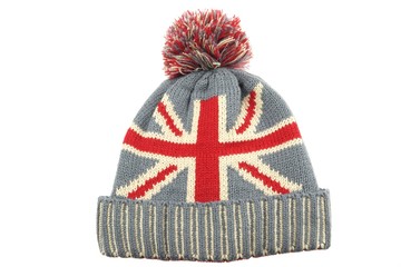 Knitted Wool Hat with Union Jack Flag Isolated On White