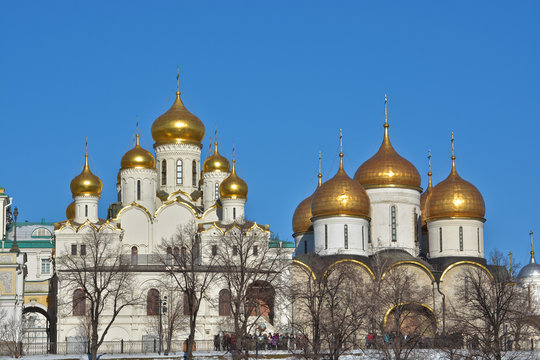 Golden domes of Orthodox churches of the Moscow Kremlin.