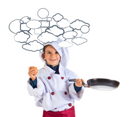 child dressed as a chef holding fried pan