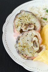 boiled fish with rice and chips