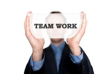 Businesswoman Holding Sign Team Work. White background