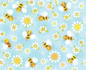 Vector  seamless  cute pattern chamomiles and bees, soft, blurre