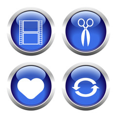 Set of buttons for web, film, heart, reboot, scissors.