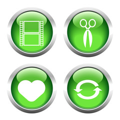 Set of buttons for web, film, heart, reboot, scissors.