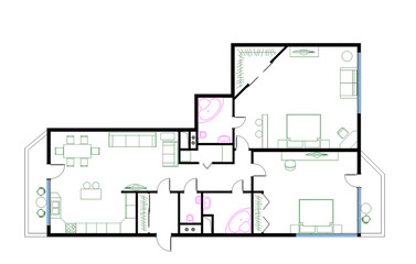 draft plan of the three-room apartment, 120m with furniture