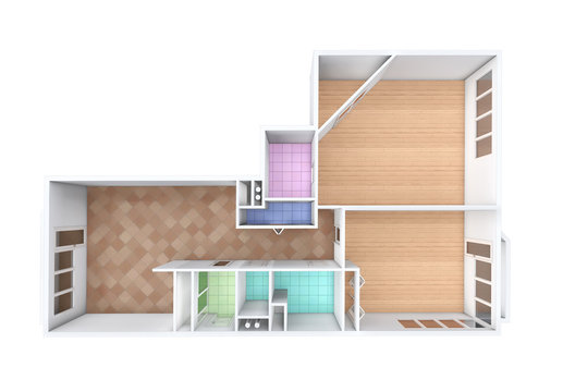 3D rendering. Model of the three-room apartment,